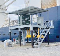 A nearly completed Entergy shore power platform located near a marine slip at Port Fourchon, Lafourche Parish. The transformer and unit are constructed 14 feet above sea level. A nearly completed Entergy shore power platform located near a marine slip at Port Fourchon, Lafourche Parish. The transformer and unit are constructed 14 feet above sea level.