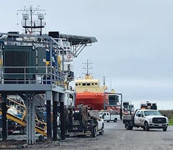 An ECO vessel tied to an Entergy shore power platform with electrical service buried underground to ensure the safe movement of cranes and other industrial equipment at Port Fourchon, Lafourche Parish. An ECO vessel tied to an Entergy shore power platform with electrical service buried underground to ensure the safe movement of cranes and other industrial equipment at Port Fourchon, Lafourche Parish.