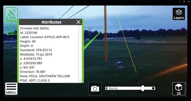 A screenshot from the SiteVision mobile application visualizing an AEP pole design, to include the 40-ft class 5 pole attributes in a pop-up window made available by simply clicking on the pole image within the mobile AR application interface.
