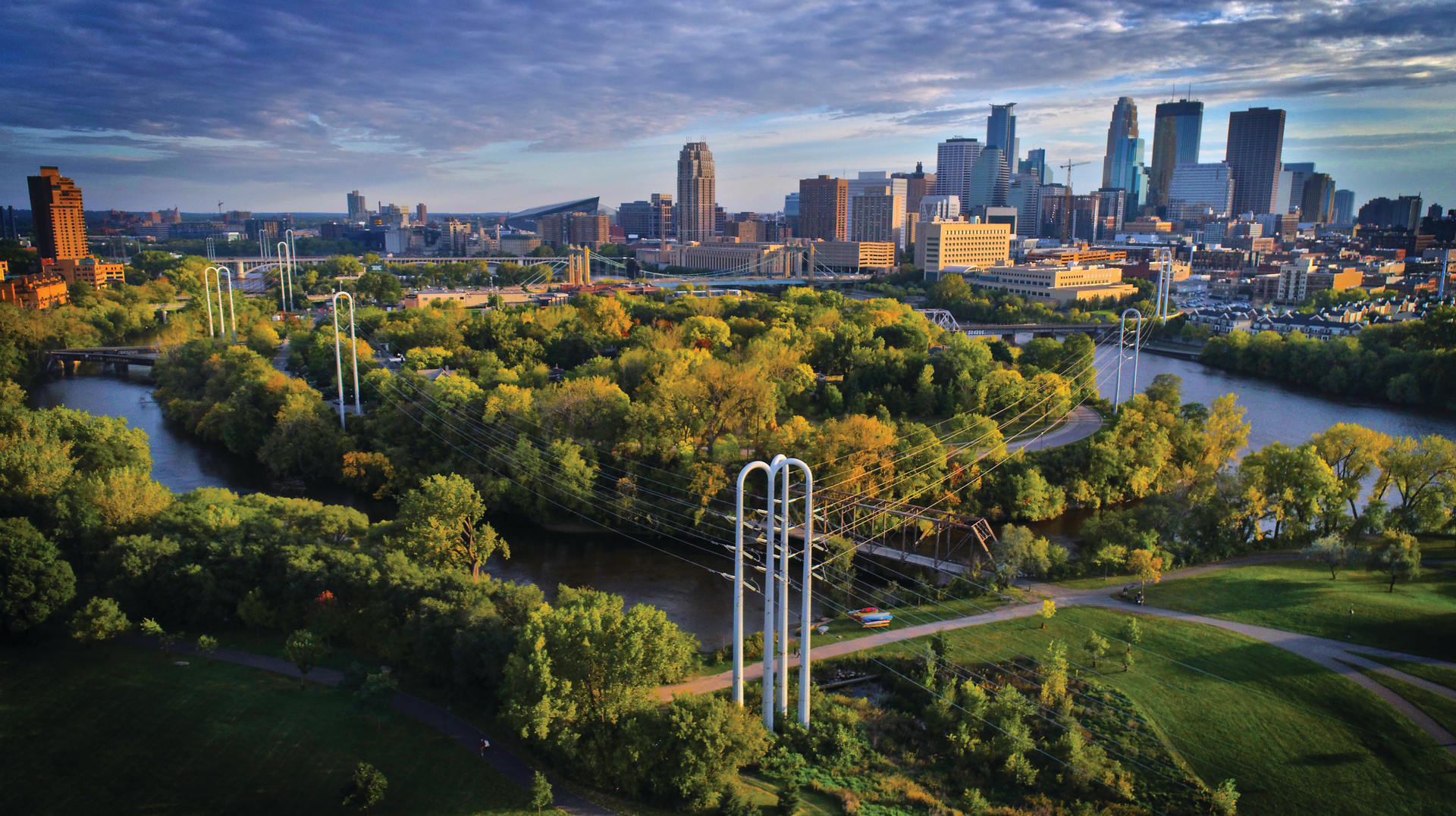 Buildings and bridges ... and power lines.