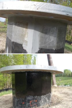 Zinc repair outside caisson (top). Repair of below grade coating on outside of caisson (bottom). Zinc repair outside caisson (top). Repair of below grade coating on outside of caisson (bottom).