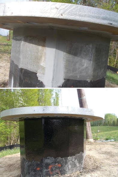 Zinc repair outside caisson (top). Repair of below grade coating on outside of caisson (bottom).