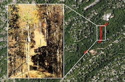 Fault Location halo on Mtn Site substation momentary event. View that evaluators and crews have in the field using Fault Location Reports which overlays the fault halo coordinates onto satellite images. Halos for momentary events are valuable since they can give clues where a fault will likely cause a sustained outage in the future—this one is in rear lot construction which is difficult to patrol, especially at night. Fault Location halo on Mtn Site substation momentary event. View that evaluators and crews have in the field using Fault Location Reports which overlays the fault halo coordinates onto satellite images. Halos for momentary events are valuable since they can give clues where a fault will likely cause a sustained outage in the future—this one is in rear lot construction which is difficult to patrol, especially at night.