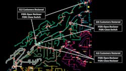 Feeder breaker outage on Bluff Park substation. FISR implemented a 6-step plan to restore 1,263 of 1,630 customers within 110 seconds of FISR starting evaluating, 48 seconds of which was just sending SCADA controls. Feeder breaker outage on Bluff Park substation. FISR implemented a 6-step plan to restore 1,263 of 1,630 customers within 110 seconds of FISR starting evaluating, 48 seconds of which was just sending SCADA controls.