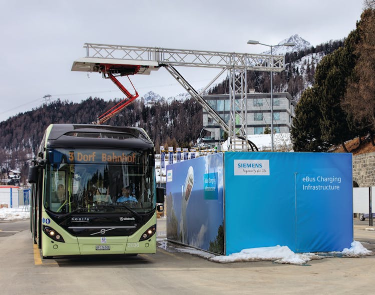 A Volvo 7900 Electric Hybrid bus at the quick-charge facility on Bahnhofplatz Square in Zurich. Buses of this type use electrical power coming from accumulators for normal operation mode and can switch to a traditional engine if necessary.