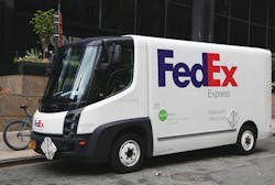 A FedEx all-electric truck in Lower Manhattan. The delivery company added Nissan e-NV200 vans to its delivery fleet in 2014 as a part of its EarthSmart program. A FedEx all-electric truck in Lower Manhattan. The delivery company added Nissan e-NV200 vans to its delivery fleet in 2014 as a part of its EarthSmart program.