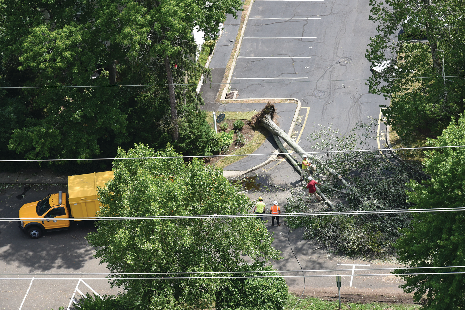 Crews respond to a downed tree near the Clock Hill Condos in Darien, Connecticut, on Aug. 10.