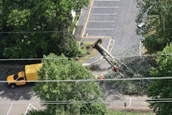 Crews respond to a downed tree near the Clock Hill Condos in Darien, Connecticut, on Aug. 10. Crews respond to a downed tree near the Clock Hill Condos in Darien, Connecticut, on Aug. 10.
