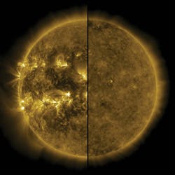 This split image shows the difference between an active sun during solar maximum and a quiet sun during solar minimum. December 2019 marked the beginning of Solar Cycle 25 and the sun&rsquo;s activity will once again ramp up until solar maximum, predicted for 2025.