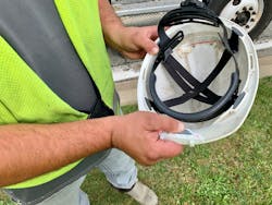 The voltage and current detector measures about 4 in. long and attaches to the brim of any standard hard hat. The voltage and current detector measures about 4 in. long and attaches to the brim of any standard hard hat.