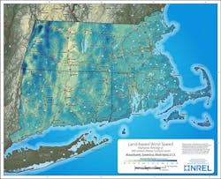 This wind resource map shows the multi-year average land-based wind speed at 100 m above surface level in Massachusetts, Connecticut, and Rhode Island. With funding from the DOE, the NREL developed a new series of wind resource maps to help audiences quickly and easily understand an area's comprehensive wind resource potential. This wind resource map shows the multi-year average land-based wind speed at 100 m above surface level in Massachusetts, Connecticut, and Rhode Island. With funding from the DOE, the NREL developed a new series of wind resource maps to help audiences quickly and easily understand an area's comprehensive wind resource potential.