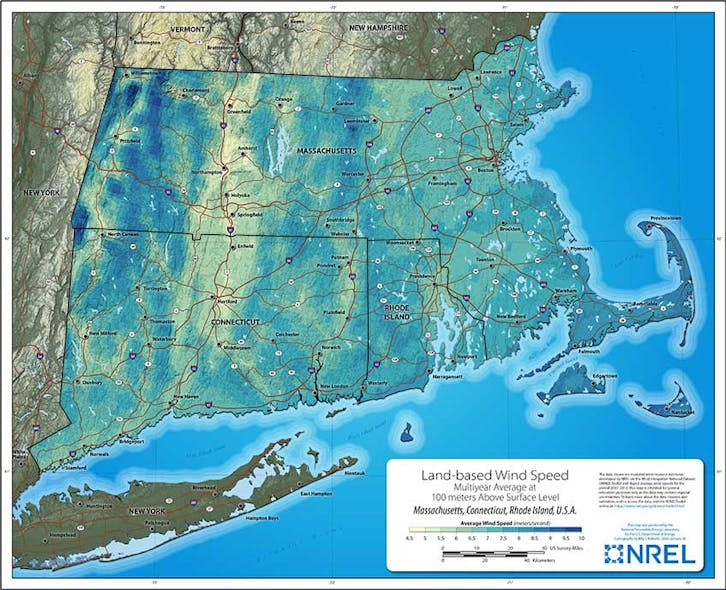 This wind resource map shows the multi-year average land-based wind speed at 100 m above surface level in Massachusetts, Connecticut, and Rhode Island. With funding from the DOE, the NREL developed a new series of wind resource maps to help audiences quickly and easily understand an area&apos;s comprehensive wind resource potential.