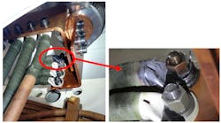 Figure 1. Hydrogen was generated in the transformer oil because of overheating on a low-voltage bushing connection owing to a loose nut on a 500-MVA generator step-up transformer. A hydrogen monitor alerted the owner to the problem. The transformer was repaired on-site. Figure 1. Hydrogen was generated in the transformer oil because of overheating on a low-voltage bushing connection owing to a loose nut on a 500-MVA generator step-up transformer. A hydrogen monitor alerted the owner to the problem. The transformer was repaired on-site.