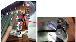 Figure 1. Hydrogen was generated in the transformer oil because of overheating on a low-voltage bushing connection owing to a loose nut on a 500-MVA generator step-up transformer. A hydrogen monitor alerted the owner to the problem. The transformer was repaired on-site. Figure 1. Hydrogen was generated in the transformer oil because of overheating on a low-voltage bushing connection owing to a loose nut on a 500-MVA generator step-up transformer. A hydrogen monitor alerted the owner to the problem. The transformer was repaired on-site.