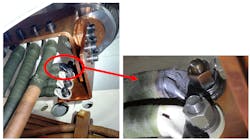 Figure 1. Hydrogen was generated in the transformer oil because of overheating on a low-voltage bushing connection owing to a loose nut on a 500-MVA generator step-up transformer. A hydrogen monitor alerted the owner to the problem. The transformer was repaired on-site. Figure 1. Hydrogen was generated in the transformer oil because of overheating on a low-voltage bushing connection owing to a loose nut on a 500-MVA generator step-up transformer. A hydrogen monitor alerted the owner to the problem. The transformer was repaired on-site.
