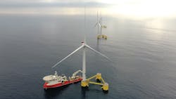 View of the three turbines of Windfloat Atlantic. View of the three turbines of Windfloat Atlantic.