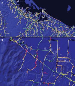 Visualizations of conductor health grades enable candidate sections of line to be identified for further investigation, testing and renewal. Visualizations of conductor health grades enable candidate sections of line to be identified for further investigation, testing and renewal.