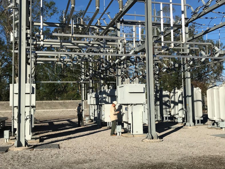 Riviera team members Stephen Adams and Wayne Gideons using eSMART technology to record the readings of relays inside the substation.