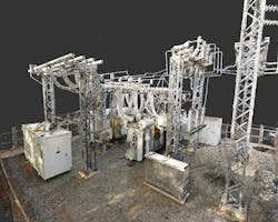 LiDAR scan-derived 3-D point cloud of substation. Accurate measurement of equipment locations utilizing point cloud. LiDAR scan-derived 3-D point cloud of substation. Accurate measurement of equipment locations utilizing point cloud.