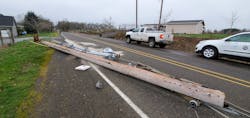 A broken power pole and electrical equipment near Silverton, Oregon, were part of the damage from the February 2021 storm. A broken power pole and electrical equipment near Silverton, Oregon, were part of the damage from the February 2021 storm.