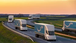 A fleet of Amazon-branded electric trucks. A fleet of Amazon-branded electric trucks.