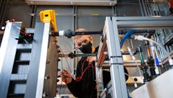 Flow battery technology, where chemical energy is provided by two chemical components dissolved in liquids and stored in separate tanks that are pumped through the battery system, is a promising, yet still immature technology, for grid energy storage applications. It can scale easily, uses lower-cost/more abundant materials, and is safer than many current generation battery technologies. Pictured above, a scientist at works on a flow battery design on one of PNNL’s prototyping labs. Flow battery technology, where chemical energy is provided by two chemical components dissolved in liquids and stored in separate tanks that are pumped through the battery system, is a promising, yet still immature technology, for grid energy storage applications. It can scale easily, uses lower-cost/more abundant materials, and is safer than many current generation battery technologies. Pictured above, a scientist at works on a flow battery design on one of PNNL’s prototyping labs.