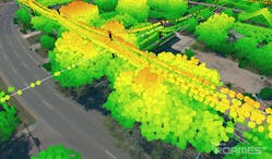 LiDAR data, colored by height above, can be used to identify precise volume of vegetation and its proximity to distribution conductors.