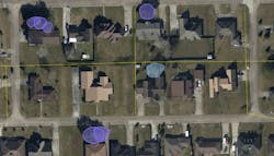 With tree extent polygons created from LiDAR data, multispectral satellite data allows AI/ML to identify individual species of trees. Above, two different danger tree species have been identified by Vegetation Insight and the LiDAR-derived network location is shown in yellow. With tree extent polygons created from LiDAR data, multispectral satellite data allows AI/ML to identify individual species of trees. Above, two different danger tree species have been identified by Vegetation Insight and the LiDAR-derived network location is shown in yellow.