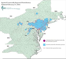 Spotted lanternfly reported distribution map as of Feb. 17, 2021. Spread of the insect has been aided by human movements, especially along transportation corridors.