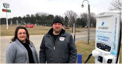 Heather Elsing Kieffer and Jason Elsing, owners of the Whitewater Travel Plaza, in St. Charles, Iowa, are preparing for the future of EVs, adding a charging station. Infrastructure was installed by MiEnergy Cooperative crews. ZEF Energy installed and maintains the electric charging hub, which includes a 50-kW dc fast charger and a dual plug Level 2 charger. Heather Elsing Kieffer and Jason Elsing, owners of the Whitewater Travel Plaza, in St. Charles, Iowa, are preparing for the future of EVs, adding a charging station. Infrastructure was installed by MiEnergy Cooperative crews. ZEF Energy installed and maintains the electric charging hub, which includes a 50-kW dc fast charger and a dual plug Level 2 charger.