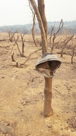 This metal bucket was found molded around a tree trunk near the rebuild project, evidence of the power of the “firenado.” This metal bucket was found molded around a tree trunk near the rebuild project, evidence of the power of the “firenado.”