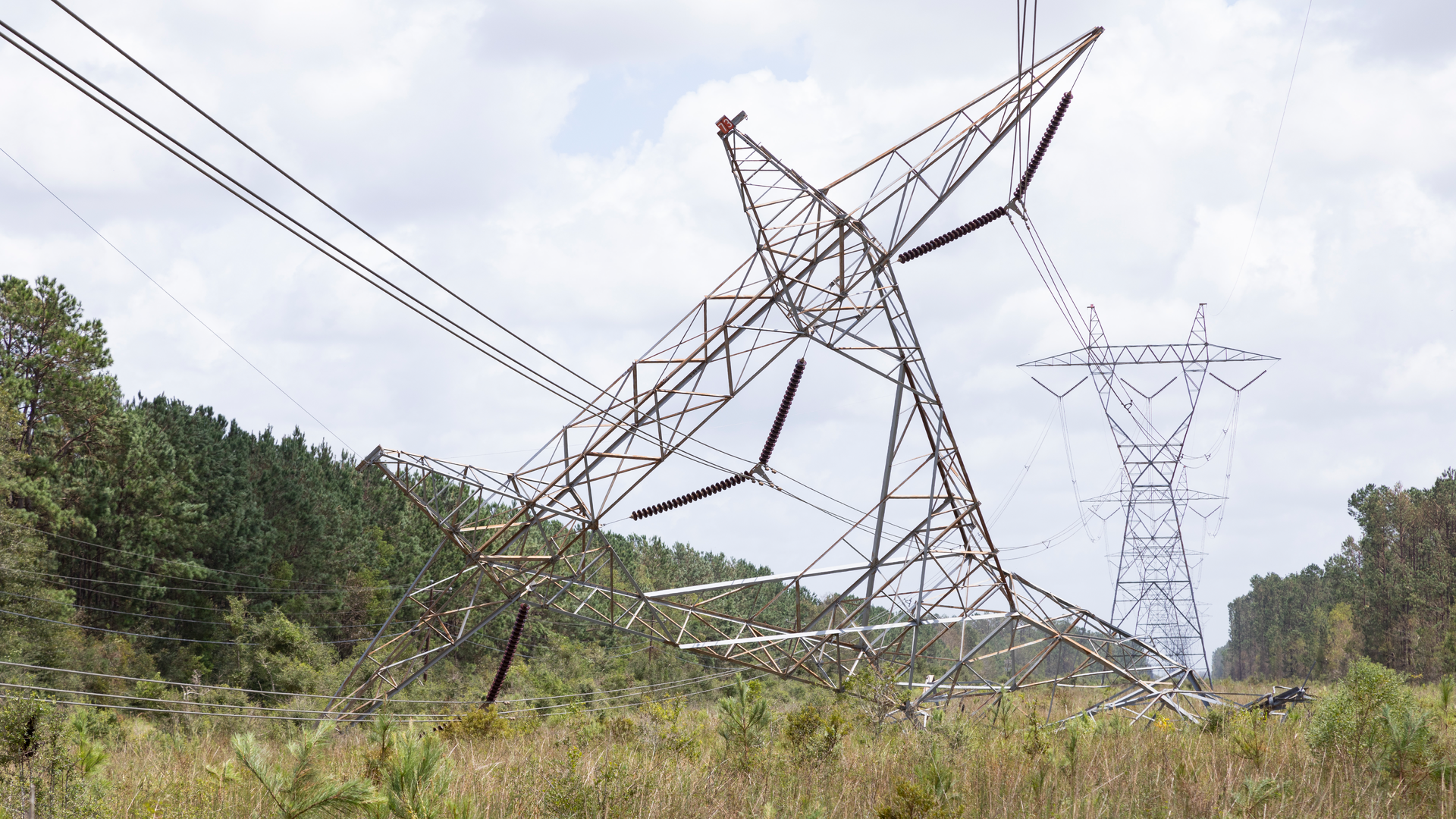 Transmission damage from Hurricane Laura near Orange Texas.
