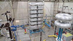 Fault current breaking test setup of a 350-kV HVDC circuit breaker of Hitachi ABB Power Grids in a high-power laboratory of KEMA Labs, the Netherlands