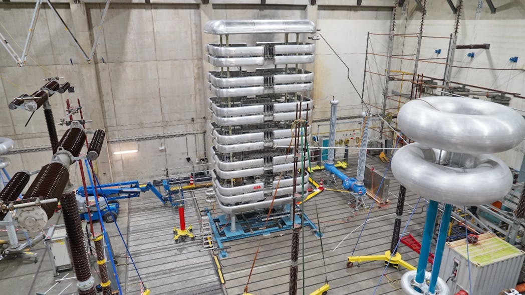 Fault current breaking test setup of a 350-kV HVDC circuit breaker of Hitachi ABB Power Grids in a high-power laboratory of KEMA Labs, the Netherlands