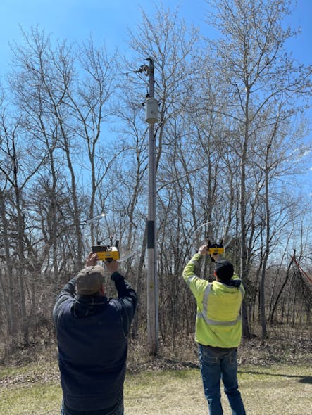 Exacter VP of Operations Bill McConaha and Project Manager Terry Hughes spent several days in the field with LREC lineworker. They showed them best practices for using the ultrasonic dish that pinpoints deteriorating equipment found by driving assessments.