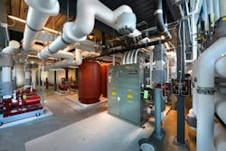 The Eco-District uses this centralized heating, cooling and electrical system, plus on-site solar panels, battery and thermal storage to serve the energy needs of multiple buildings. The Eco-District uses this centralized heating, cooling and electrical system, plus on-site solar panels, battery and thermal storage to serve the energy needs of multiple buildings.