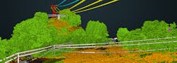 Details of a 100-ft zone identified by LiDAR are visible in the 3D Viewer being used to visualize modeling such as max sag calculation. Details of a 100-ft zone identified by LiDAR are visible in the 3D Viewer being used to visualize modeling such as max sag calculation.