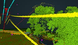 The same location and tree selected as the above image to show a data &ldquo;trifecta&rdquo; combining aerial imagery, clearance polygons and a 3D cloud model.