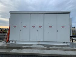 Exterior view of an ESS cabinet with doors closed – Snohomish Public Utility District microgrid in Arlington, Washington. Exterior view of an ESS cabinet with doors closed – Snohomish Public Utility District microgrid in Arlington, Washington.