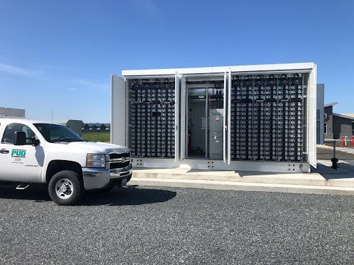 Exterior view of an ESS cabinet with doors open &ndash; Snohomish Public Utility District microgrid in Arlington, Washington.