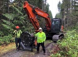 Some crews employ a unit called the Slashbuster, which is a tracked excavator with a specialty head about four feet in diameter that can fell trees as well as grind entire trees down. Some crews employ a unit called the Slashbuster, which is a tracked excavator with a specialty head about four feet in diameter that can fell trees as well as grind entire trees down.