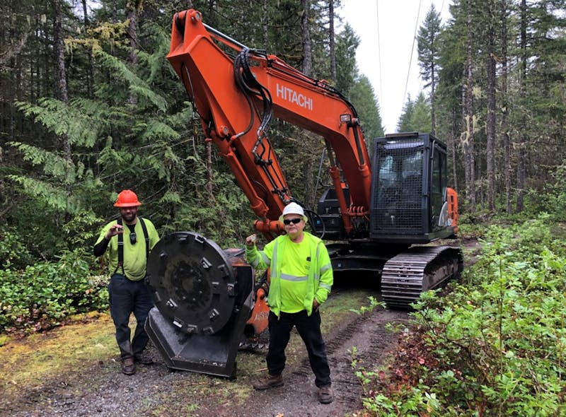 Some crews employ a unit called the Slashbuster, which is a tracked excavator with a specialty head about four feet in diameter that can fell trees as well as grind entire trees down.