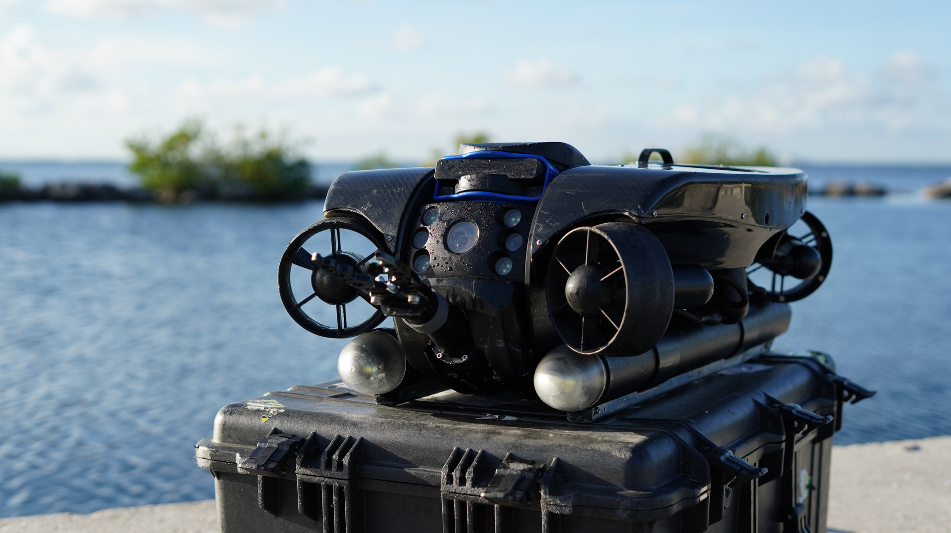 A larger Revolution drone can be fitted with manipulator arms and carry equipment. SRP is experimenting with using it to move objects around underwater.