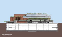 Cross-section shows four levels of underground substation, with five-story SP Group Operational Support Centre on top. Cross-section shows four levels of underground substation, with five-story SP Group Operational Support Centre on top.