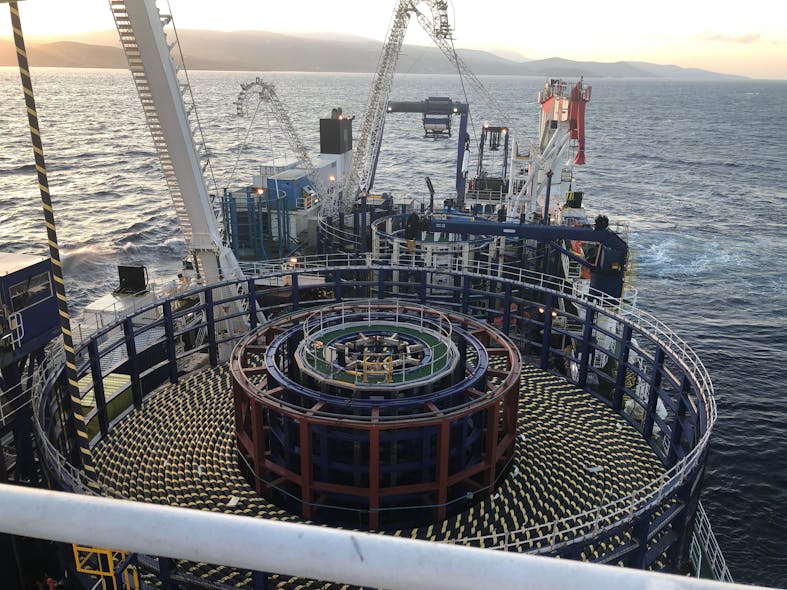 Unspooling during cable laying on Evia-Andros Interconnector.
