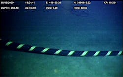 Cable image taken by remotely operated vehicle at 968-m (3176-ft) depth on Crete-Peloponnese Interconnector. Cable image taken by remotely operated vehicle at 968-m (3176-ft) depth on Crete-Peloponnese Interconnector.