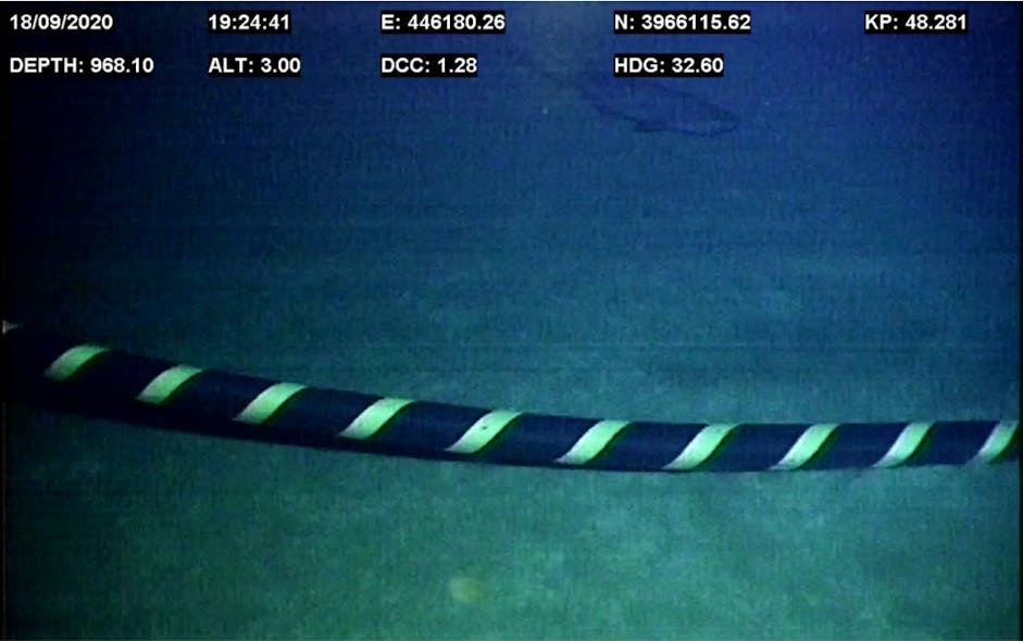 Cable image taken by remotely operated vehicle at 968-m (3176-ft) depth on Crete-Peloponnese Interconnector.