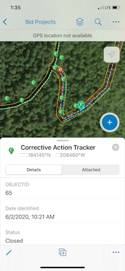 The interactive mapping app is displayed on a smartphone showing the location of fixes made to comply with the project’s environmental plans. The interactive mapping app is displayed on a smartphone showing the location of fixes made to comply with the project’s environmental plans.