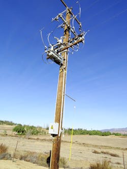 Distribution overhead pole with automatic recloser and control device. Distribution overhead pole with automatic recloser and control device.