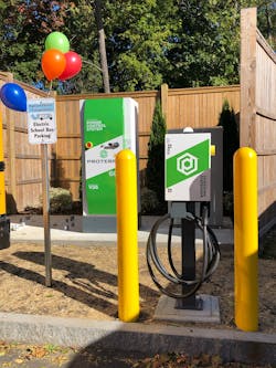 Electric school bus chargers built and designed by Proterra. Electric school bus chargers built and designed by Proterra.